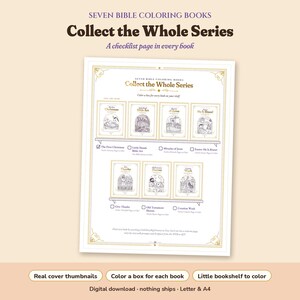 Collect the Whole Series: a checklist page with real cover thumbnails of all seven Bible coloring books, The First Christmas, Little Hands Bible Art, Miracles of Jesus, Easter: He Is Risen!, Give Thanks, Old Testament Heroes and Creation Week, with a box to color for each book on a little bookshelf.