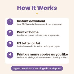 May include: An instructional graphic titled How It Works with a gold star. It lists four steps: 1. Instant download, 2. Print at home, 3. US Letter or A4, 4. Print as many copies as you like. A purple button at the bottom reads Digital download.