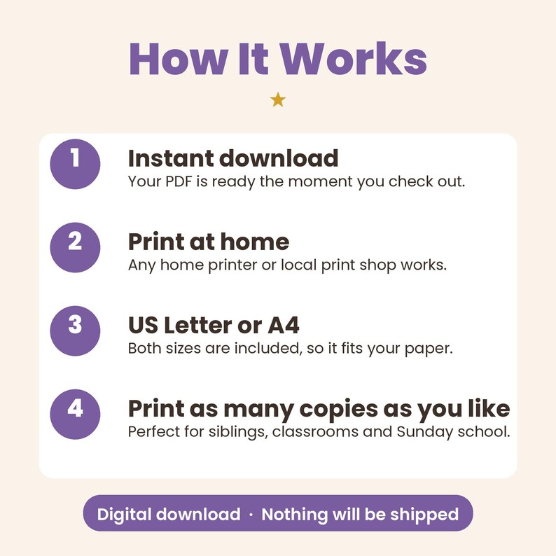 May include: An instructional graphic titled How It Works with a gold star. It lists four steps: 1. Instant download, 2. Print at home, 3. US Letter or A4, 4. Print as many copies as you like. A purple button at the bottom reads Digital download.
