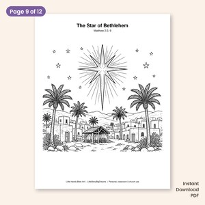 May include: A black and white coloring page titled The Star of Bethlehem Matthew 2:2, 9. The illustration features a large radiant star above a desert landscape with palm trees, small stone buildings, and a central wooden stable structure.