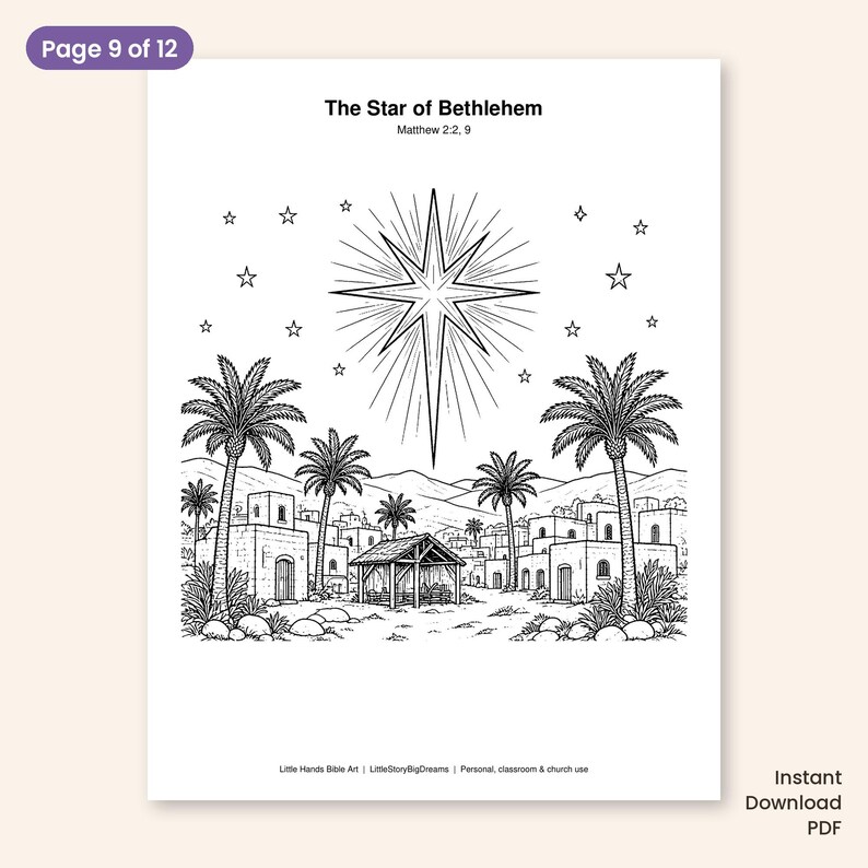 May include: A black and white coloring page titled The Star of Bethlehem Matthew 2:2, 9. The illustration features a large radiant star above a desert landscape with palm trees, small stone buildings, and a central wooden stable structure.