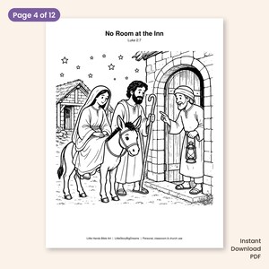 May include: A black and white coloring page titled No Room at the Inn Luke 2:7. It depicts a person riding a donkey, another person walking with a staff, and a third person holding a lantern at a doorway. Stars are in the sky above.