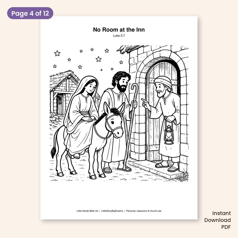 May include: A black and white coloring page titled No Room at the Inn Luke 2:7. It depicts a person riding a donkey, another person walking with a staff, and a third person holding a lantern at a doorway. Stars are in the sky above.