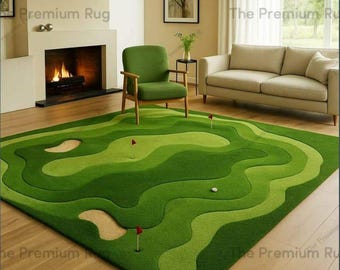 Golf Course Abstract Green Hand Tufted Wool Rug | Living Room Carpet.
