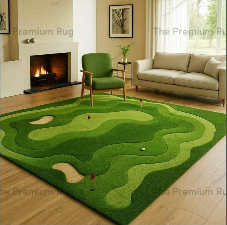 Dywan wełniany, ręcznie tkany, abstrakcyjny, z motywem pola golfowego w kolorze zielonym | Dywan do salonu. zdjęcie 1