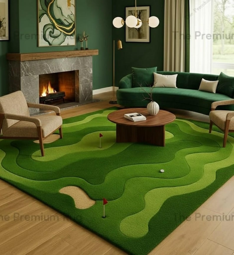 Dywan wełniany, ręcznie tkany, abstrakcyjny, z motywem pola golfowego w kolorze zielonym | Dywan do salonu. zdjęcie 2