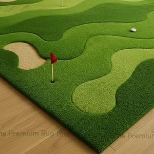 Dywan wełniany, ręcznie tkany, abstrakcyjny, z motywem pola golfowego w kolorze zielonym | Dywan do salonu. zdjęcie 4