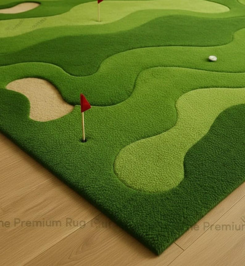Dywan wełniany, ręcznie tkany, abstrakcyjny, z motywem pola golfowego w kolorze zielonym | Dywan do salonu. zdjęcie 4