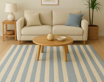 Stripe Modern Linear Rug in Sky  Blue and ivory Hand Tufted Rug .