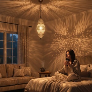 Könnte beinhalten: Ein Schlafzimmer, das von einer verzierten, goldfarbenen Hängelampe beleuchtet wird, die komplizierte Schattenmuster auf Wände und Decke wirft. Eine Person sitzt auf einem Bett, in eine Decke gehüllt, und hält eine Tasse. Ein Sofa und ein Fenster sind ebenfalls zu sehen.