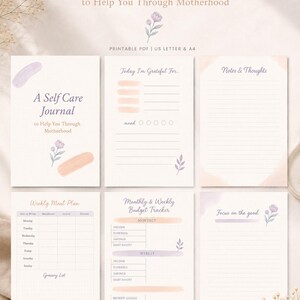 May include: A printable self-care journal for motherhood featuring six pages with soft watercolor accents in purple and peach. Pages include a cover, gratitude log, notes, weekly meal plan, budget tracker, and focus page with text in English.