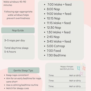 Può includere: Un grafico dell'orario del sonno dai colori pastello per neonati da 0 a 3 mesi. Il grafico include finestre di veglia, guide per il riposino, consigli per il sonno e un esempio di programma di sonno e veglia con orari per l'alimentazione e i riposini. Ci sono anche sezioni per il monitoraggio dei cambi di pannolino.