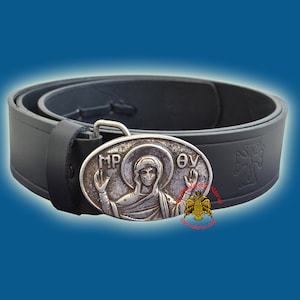 Monastic Orthodox Leather Belt with Metal Buckle With Religious Representations Icons Nickel Plated No.6567-00