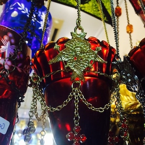 Hanging Natural Red Glass Cup Oil Candle Gold Plated or Nickel plated