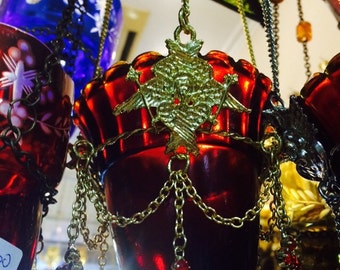Hanging Natural Red Glass Cup Oil Candle Gold Plated or Nickel plated