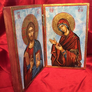 Hand Painted Orthodox Diptych Theotokos & Christ Wooden Hand Carved Icon 26x20cm Approx.