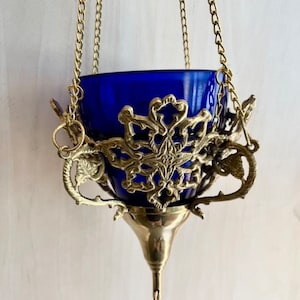 Metal Hanging Vigil Oil Candle with Blue Glass Cup