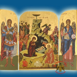 Wooden Icon Triptych 14cm x 20cm With Gold Leaf Paper Birth of Christ Nativity,  Panagia or Christ