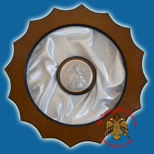 Wooden Wedding Crown Case with Orthodox Theotokos Round Metal Image in the Center