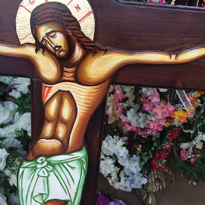 Orthodoxe handgeschilderde Christus met houten kruis, 100 cm hoog