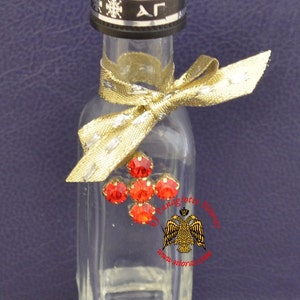 Holy Water & Holy Oil glass bottle with a Cross Decorated with Strass Stones and Ribbon