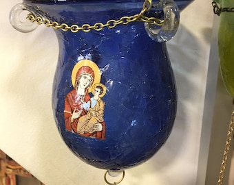 Orthodox Blown Glass Hanging Oil Candle with Holy Icons