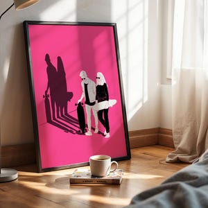 Póster de pareja de patinadores: arte mural moderno y urbano con un toque de amor. Impresión estética rosa juvenil para adolescentes. Decoración moderna para el dormitorio o la pared de una galería.