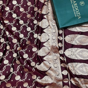 Maroon Banarasi Katan Silk Saree: Gold Zari Floral Weave, Indian Wedding