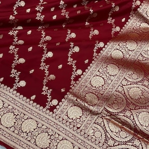 Maroon Banarasi Katan Silk Saree: Golden Zari Weave, Bridal Indian Sari