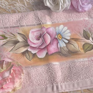 Hand-Painted Dish Towel with Pink Rose – Floral Kitchen Towel – Cottagecore Decor – Shabby Chic Gift – Pink Rose Tea Towel