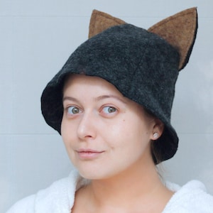 Fox Ears Grey Wool Sauna Hat: Handmade Organic Felt Wellness Gift
