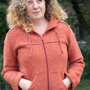 Handmade Wool Felt Hoodie: Rust Orange Zip-Up Jacket