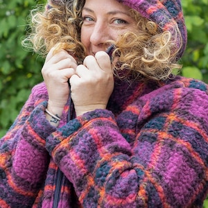 Handmade Fuchsia Plaid Wool Hooded Jacket: Oversized Boucle Coat