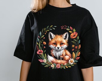 T-shirt met bloemenprint Fox: zwart T-shirt met bosprint