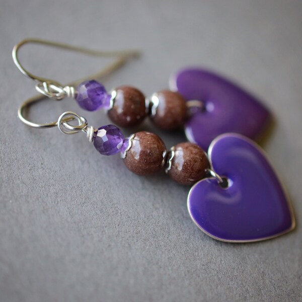 Amethyst Earrings, Gemstone Earrings, Purple Heart Earrings, Surgical Steel Earrings, Purple Earrings, Chocolate Earrings