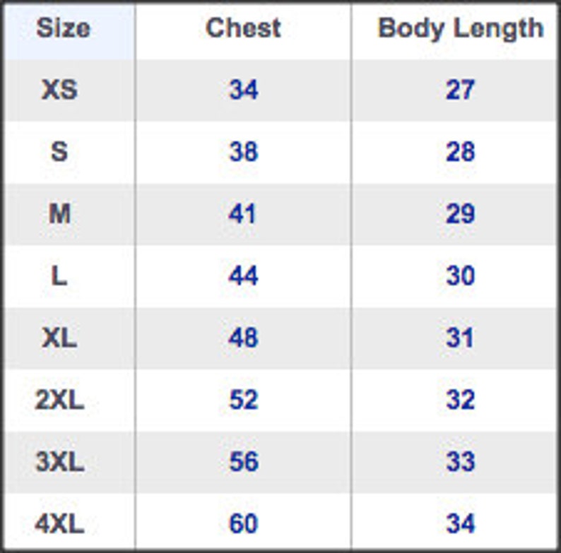 Puede incluir: Tabla de tallas para ropa con medidas en pulgadas para el pecho y la longitud del cuerpo. Las tallas incluyen XS, S, M, L, XL, 2XL, 3XL y 4XL.