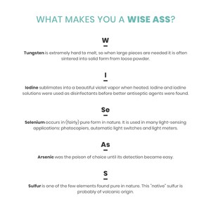 Camiseta científica de la tabla periódica, talla pequeña. Camiseta verde azulado para hombre de la tabla periódica WISE ASS de Periodically Inspired. imagen 2