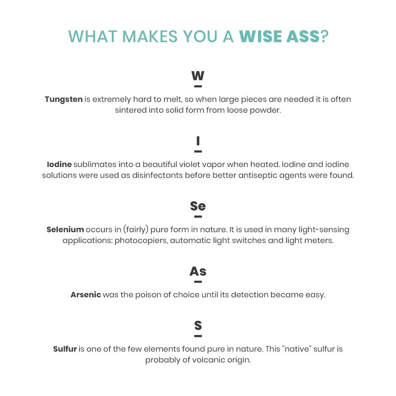 Camiseta científica de la tabla periódica, talla pequeña. Camiseta verde azulado para hombre de la tabla periódica WISE ASS de Periodically Inspired. imagen 2