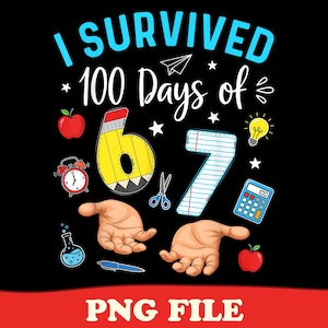 Puede incluir: Fondo negro con el texto "I Survived 100 Days of" en blanco y azul. La imagen incluye un l&aacute;piz, los n&uacute;meros 6 y 7, una manzana, una calculadora, tijeras, una bombilla y un reloj. La parte inferior de la imagen tiene el texto "PNG FILE" en rojo.