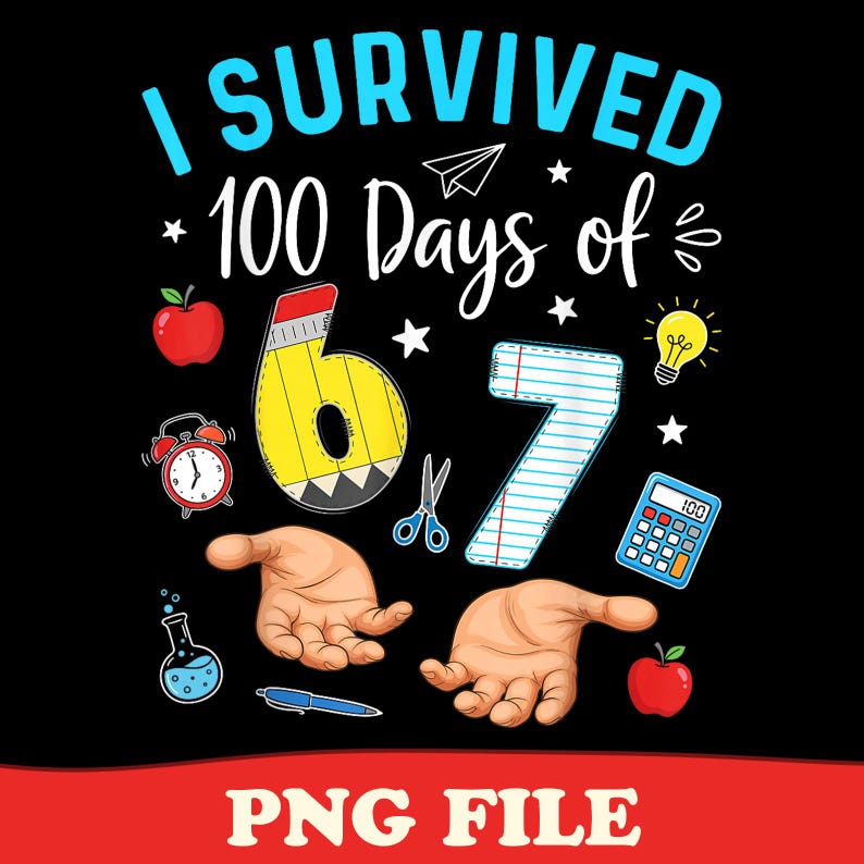 Puede incluir: Fondo negro con el texto "I Survived 100 Days of" en blanco y azul. La imagen incluye un l&aacute;piz, los n&uacute;meros 6 y 7, una manzana, una calculadora, tijeras, una bombilla y un reloj. La parte inferior de la imagen tiene el texto "PNG FILE" en rojo.