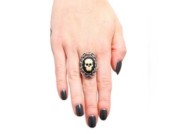 Cream and Black Cameo Ring,  Victorian Style, Day of the Dead Jewelry