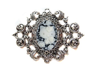 Cream and Black Kitty Cameo Brooch Pin, Victorian Ornate Antique Silver Pendant
