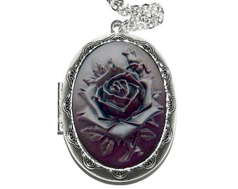 Black and Black Rose Cameo Locket Necklace, Vintage Ornate Antique Silver Pendant