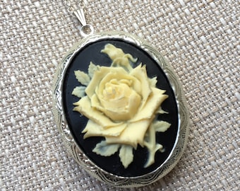 Cream and Black Rose Cameo Locket Necklace,  Vintage Ornate Antique Silver Pendant