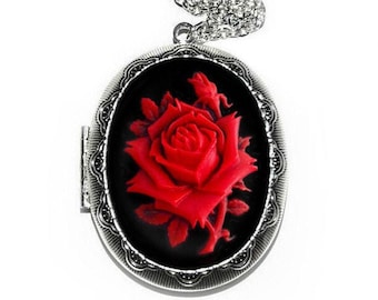 Red Rose Locket Necklace, Cameo Vintage Antique Silver Pendant, Photo Remembrance