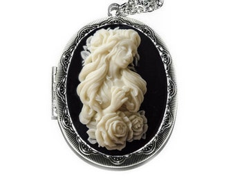 Beige and Black Crying Girl Cross Cameo Locket, Breakup Gift