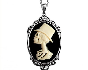 Skeleton Man Cameo Necklace, Groom Vintage Ornate Antique Silver Pendant