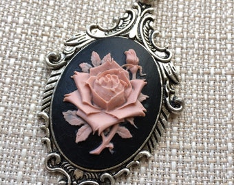 Mauve Pink and Black Rose Cameo Necklace, Vintage Ornate Antique Silver Pendant