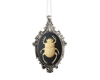 Victorian Style Beetle Cameo Necklace in Beige and Black,Insect Lover, Vintage Ornate Antique Silver, Choose Your Length