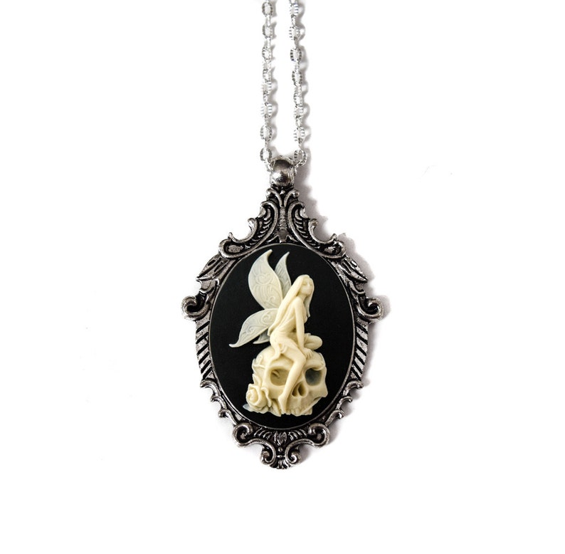 Cream and Black Angel Skull Cameo Necklace, Victorian Ornate Antique Silver Pendant image 1